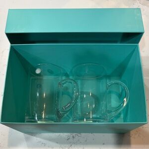 TIFFANY & CO. Set of 2 Clear Crystal Glass 16oz Mugs New Original Box Ribbon